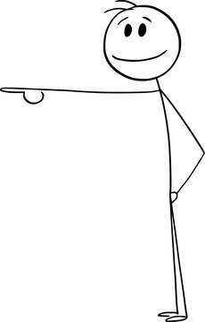 Smiling Person Pointing at Something, Vector Cartoon Stick Figure Illustration