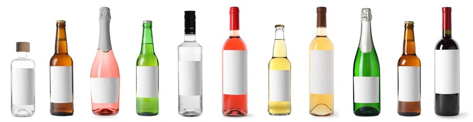 Set with bottles of different alcohol drinks on white background. Banner design