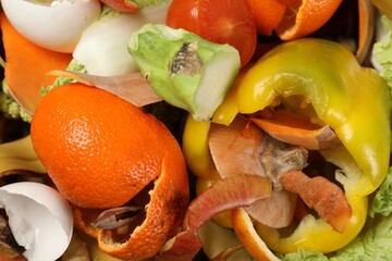 Pile of organic waste for composting as background, closeup