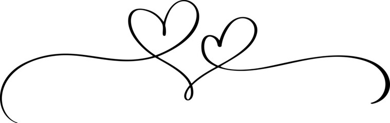 Flourish vintage vector divider Valentine Day hand drawn calligraphic two hearts. Calligraphy love illustration. Holiday design element valentine. Icon decor for web, wedding