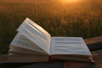 Open book on wooden bench in field at sunset, closeup