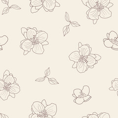 Jasmine flowers seamless pattern. Botanical delicate background in line art style. Spring flowers on a beige background. Vector illustration of a jasmine flower and branches with leaves.