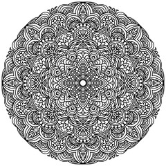 mandala with flowers and folk style figures drawn on a white background for coloring