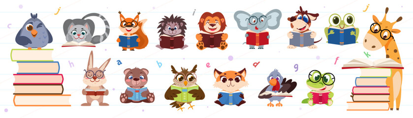 Set of cute cartoon animals and birds reading books. Smart funny squirrel, giraffe, crocodile and elephant in glasses study of literature. Pupil characters read kids stories flat vector illustration.