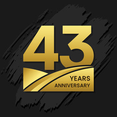 43 years anniversary celebration, anniversary celebration template design with gold color isolated on black brush background. vector template illustration - obrazy, fototapety, plakaty