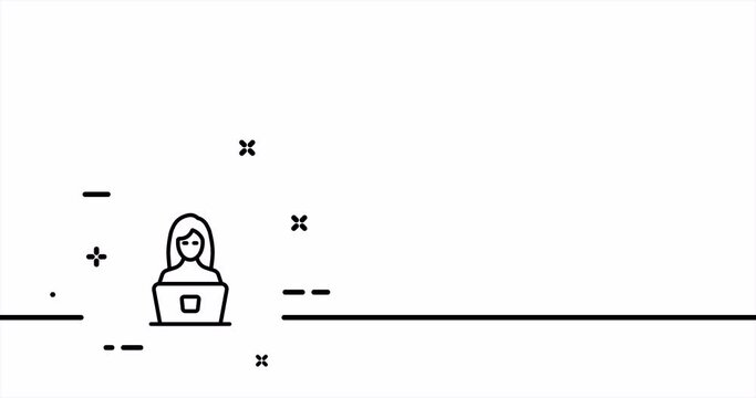 Girl work for pc. Laptop, computer, monitor, remote work and training, office work, operator, call center, IT, programmer. One line drawing animation. Motion design. Animated technology logo. Video 4K