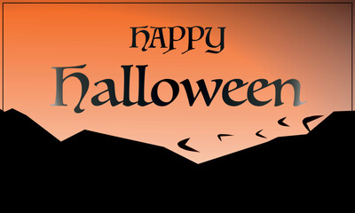 Happy Halloween typography Vector illustration with mountains and bird silhouettes in the background. Halloween background vector banner design.