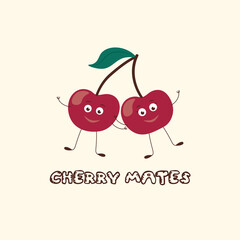Cute cherry sisters characters on yellow background illustration. Red and Pink. Perfect for baby girl fabric, textile, apparel, pyjamas, t-shirt print design. Quote Cherry Mates.