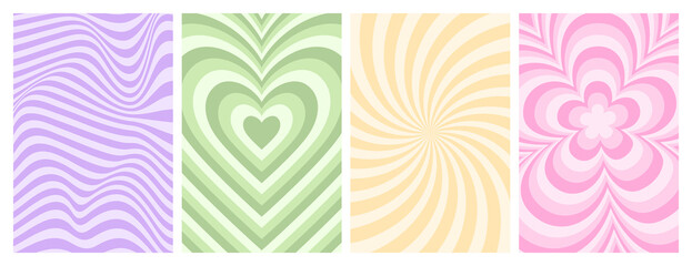 Y2k backgrounds. Waves, swirl, twirl pattern. Vector posters with daisy, flower, heart, lines. Twisted and distorted texture in trendy retro 2000s style. Lilac, pink and green color.