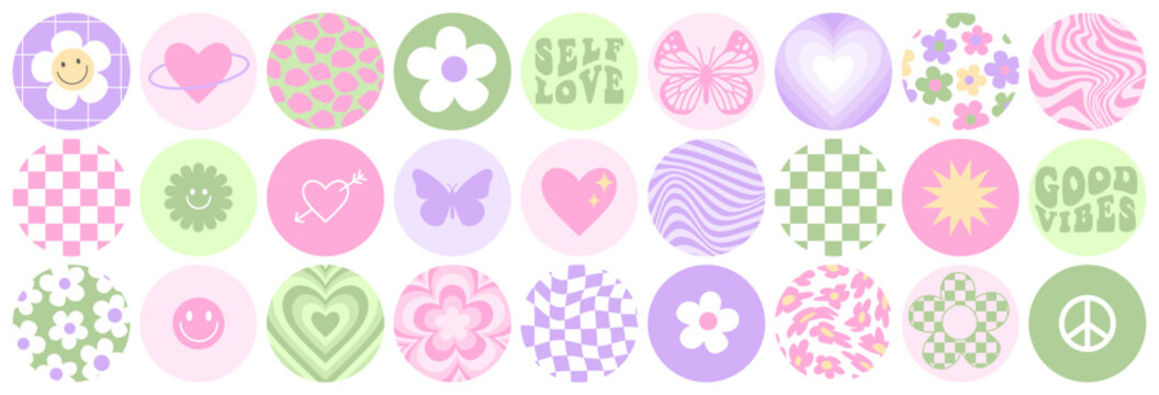 Naklejka Y2k stickers set. Funny butterfly, daisy, wave, chess, mesh, smile. Set of vector elements in trendy retro trippy 2000s style. Lilac, pink and green color. Selflove, good vibes, hello.