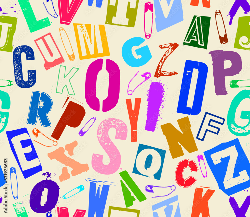 Aufkleber colorful seamless vector pattern alphabet letters clippings in typographic composition with pins and