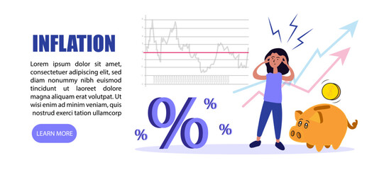 Inflation, Woman Scary of Inflation. Percentages, Piggy Bank, Coin and Diagrams. Vector illustration for Web Banner, Infographics, Mobile