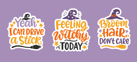 Set of Halloween Witch Hand Drawn Cute Lettering phrases