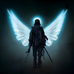 Warrior of Light. Soldier Liberator. Warrior with machine gun and angel wings