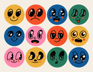 Faces of retro cartoon and comic book characters from the 30s in colorful circles. Traditional vector emotion elements. Vintage character maker for trend illustration.