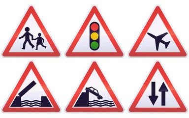 Collection of white, red and black triangular signs of road hazards such as pedestrians, a stop light, a drawbridge, a maritime wharf, an airport and two ways (metal reflection)
