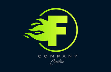 F alphabet letter icon for corporate with green flames. Fire design suitable for a logo company