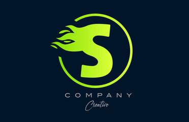 S alphabet letter icon for corporate with green flames. Fire design suitable for a logo company