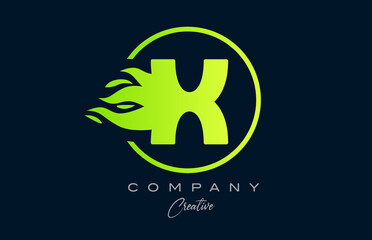X alphabet letter icon for corporate with green flames. Fire design suitable for a logo company