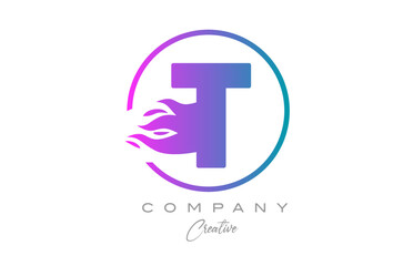Obraz premium pink T alphabet letter icon for corporate with purple flames. Design with suitable for a company logo