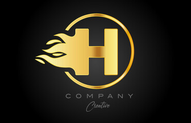 gold golden H alphabet letter icon for corporate with flames. Fire design suitable for a business logo