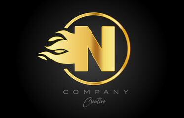 gold golden N alphabet letter icon for corporate with flames. Fire design suitable for a business logo