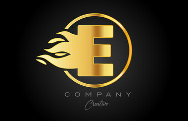 gold golden E alphabet letter icon for corporate with flames. Fire design suitable for a business logo