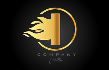gold golden I alphabet letter icon for corporate with flames. Fire design suitable for a business logo