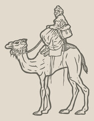 Fototapeta na wymiar Touareg and camel walking through the dunes