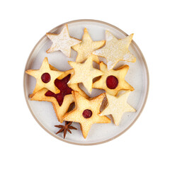 Plate with star shaped linzer cookies isolated