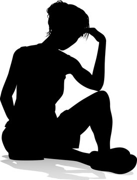 A Silhouette Woman Looking Relaxed Sitting On The Floor Or Ground Thinking