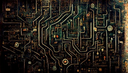 Circuit board background, can be used as digital dynamic wallpaper, technology background. 3D Render abstract background made of array of points and line with green overtones. High resolution.