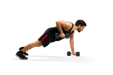 Obraz premium Sporty man working out while doing push ups in full length