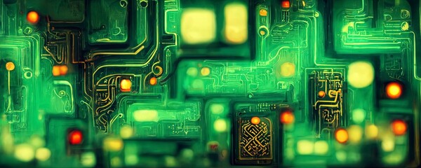 Circuit board background, can be used as digital dynamic wallpaper, technology background. 3D Render abstract background made of array of points and line with green overtones. High resolution.