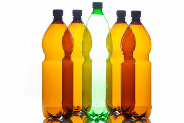 Ecological Concepts. Various Empty Colorful Plastic Garbage Bottles In Line Together Over White Background.