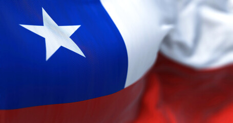 Close-up view of the Chile national flag waving in the wind