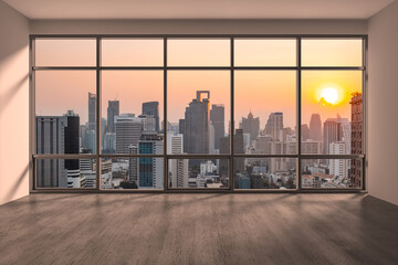 Empty room Interior Skyscrapers View Bangkok. Downtown City Skyline Buildings from High Rise Window. Beautiful Expensive Real Estate overlooking. Sunset. 3d rendering.