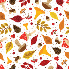 Vector colorful autumn seamless pattern with fall leaves, cone and mushrooms.