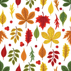 Fototapeta premium Seamless pattern with acorns, autumn leaves, mushrooms. Perfect for wallpaper, gift paper, pattern fill, autumn greeting cards.
