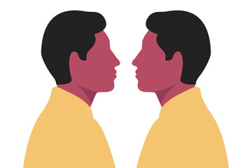 Two identical twins illustration. One to one persons. Face to face men. 