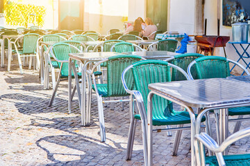 Traditional Summer Open Air Caffee Terrace in Lisbon City in Portugal At Summer Time