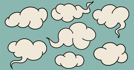 Set of clouds on a blue background, black outline. Flat design, cartoon hand drawn, pop art style.