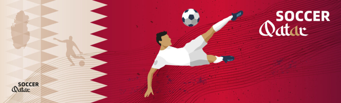 Fussball Banner Qatar, Dynamischer Spieler, Bicycle Kick,  vor rotem Hintergrund mit Fussball