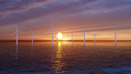 ULTRA HD. Offshore wind energy. Offshore wind turbines farm on the ocean. Sustainable energy production, clean power. 