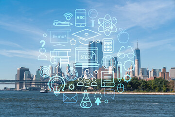 Brooklyn and Manhattan bridges with New York City financial downtown skyline panorama at day time over East River. Technologies, education concept. Academic research, top ranking university, hologram