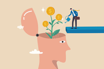 Financial mindset for investor to growing profit, rich mindset or knowledge to grow business, psychology or knowledge for investment concept, businessman watering plant with money from human head. - obrazy, fototapety, plakaty