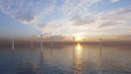 Fototapeta na wymiar ULTRA HD. Offshore wind energy. Offshore wind turbines farm on the ocean. Sustainable energy production, clean power. 