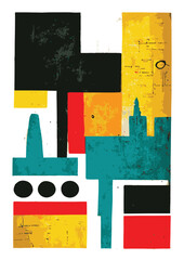 Abstract colorful composition with high rise buildings in the style of suprematism. Poster template with copy space, vector illustration.