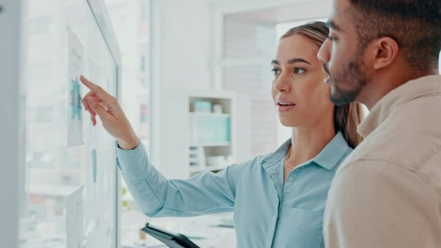 Collaboration, planning and vision with business people and presentation working on tablet and board on marketing, strategy and goals. Partnership, teamwork and support with employees in meeting