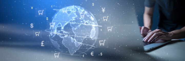 Online shopping concept through the internet and the use of currency exchange rates.Payment via digital wallet system and online transactions.The idea of ​​shopping from anywhere in the world.